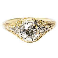 Antique Edwardian 1.13 Carat Diamond Gold Platinum Floral Engagement Ring
