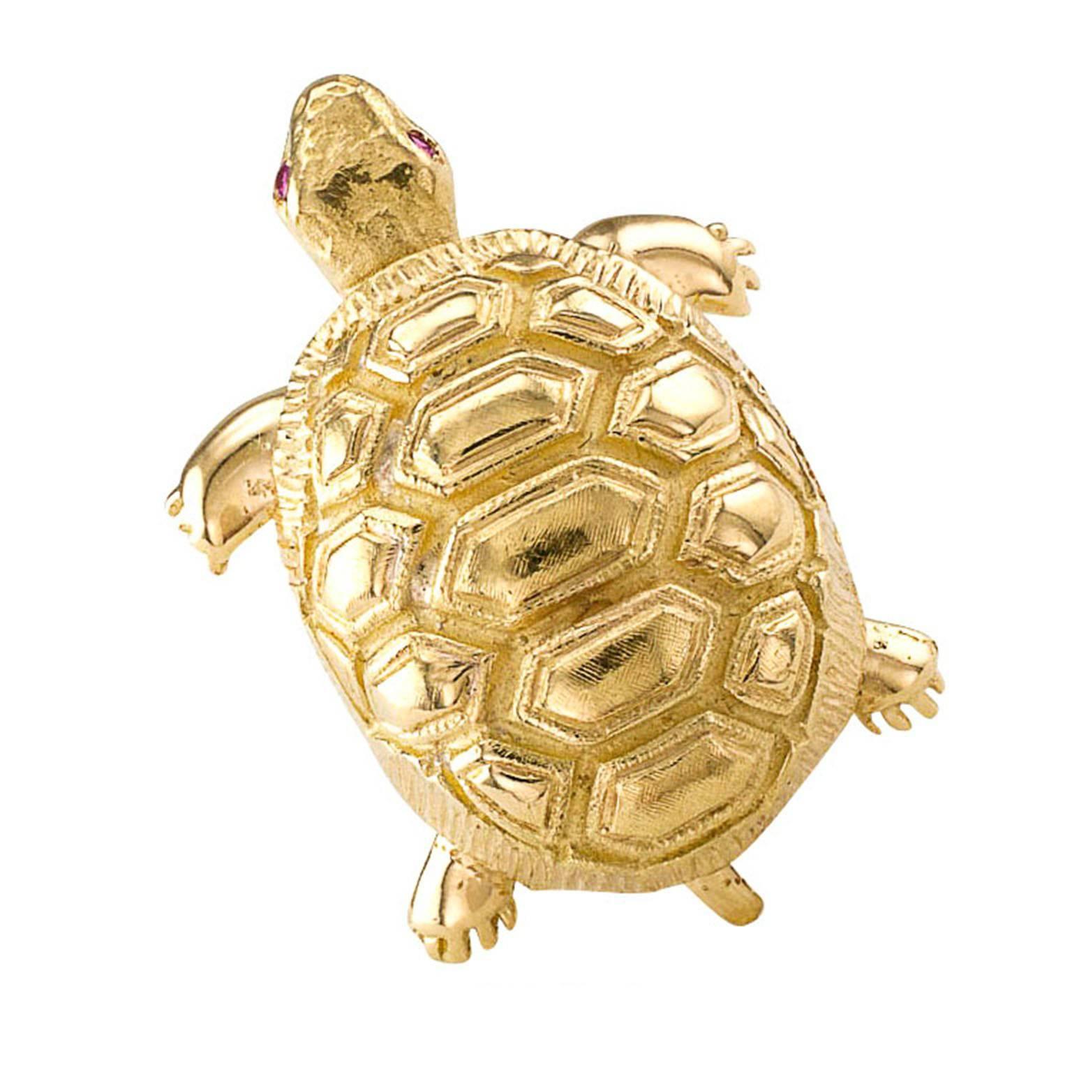 Modern 1960s Ruby Gold Turtle Brooch