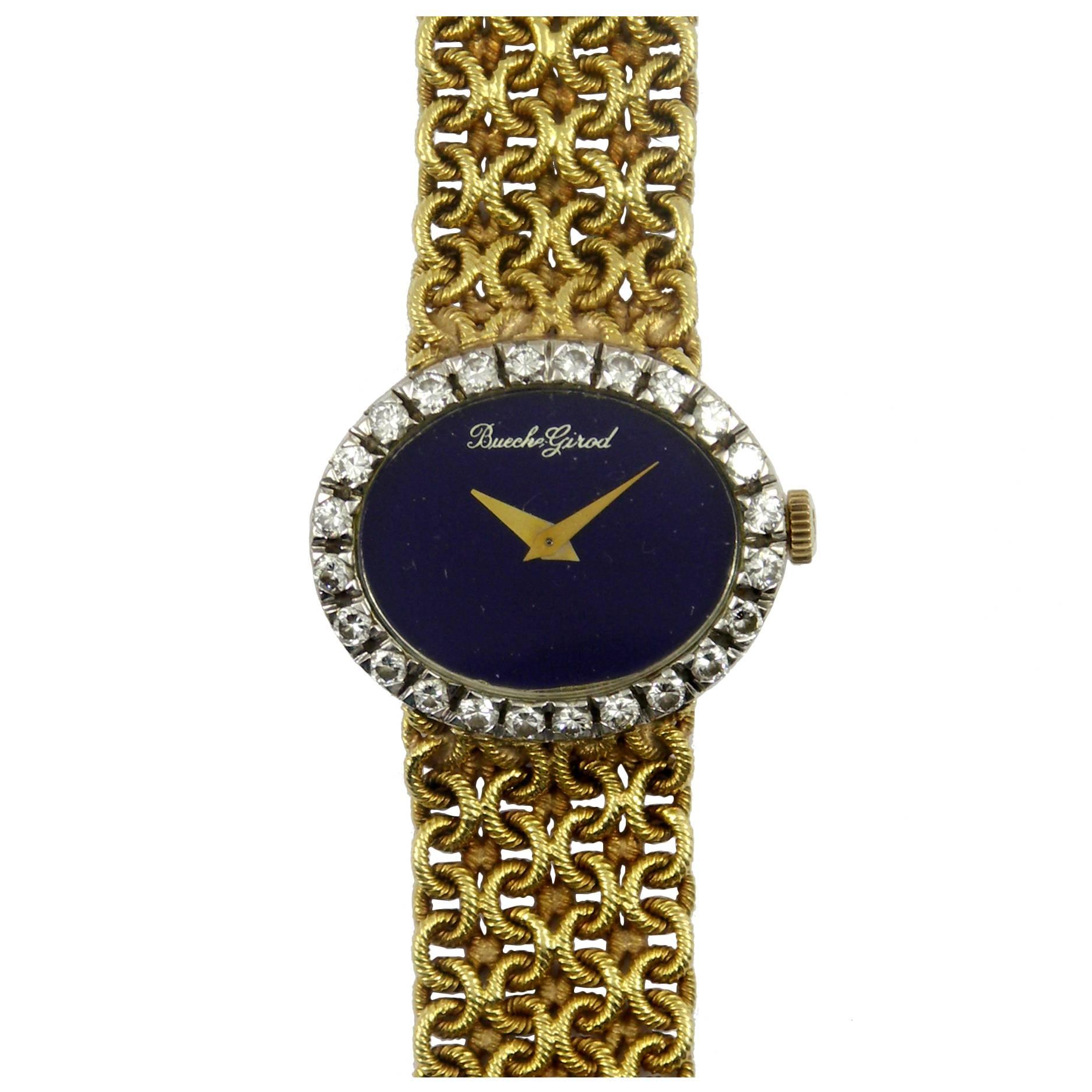 Beuche-Girod Lady's Yellow Gold and Diamond Braclet Watch with Lapis Dial
