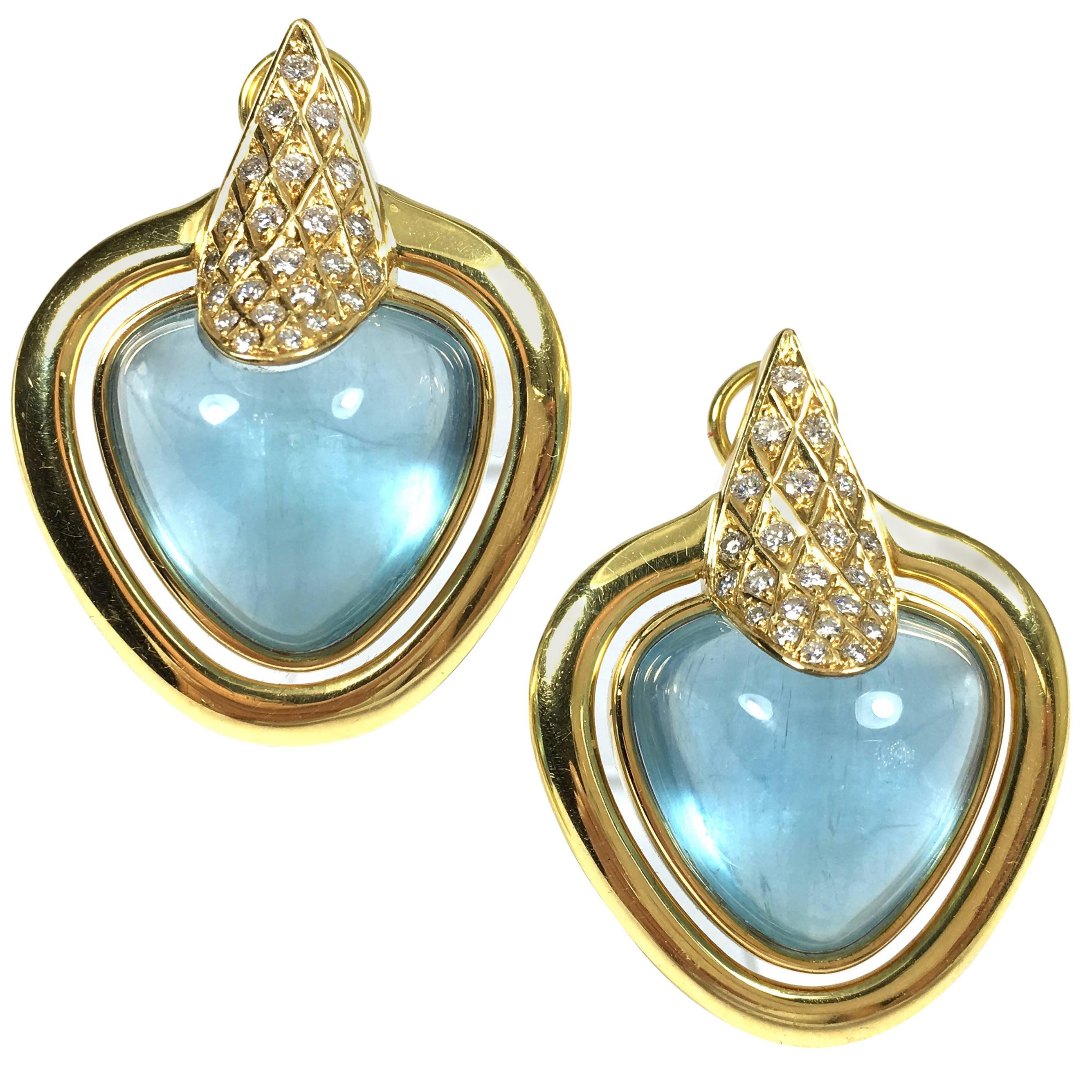 Large Aquamarine Diamond Gold Earrings For Sale