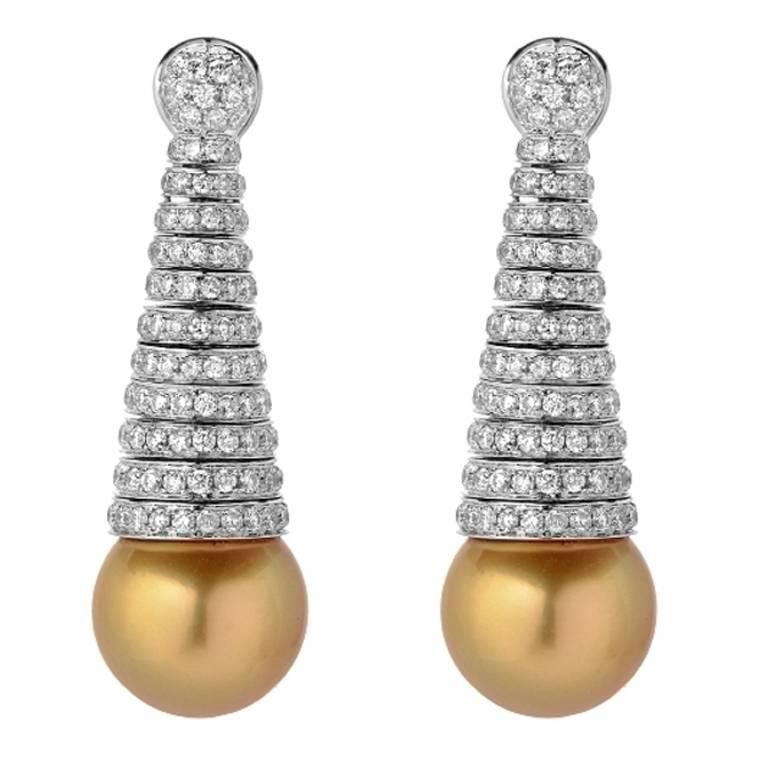 Golden South Sea Pearl Diamond Gold Drop Earrings