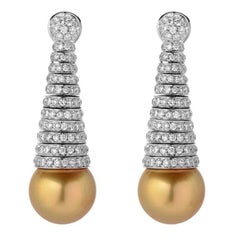 Golden South Sea Pearl Diamond Gold Drop Earrings