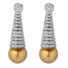 Golden South Sea Pearl Diamond Pave Gold Spiral Earrings 11