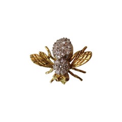 Retro Rosenthal Diamond Gold Bee Pin with Ruby Eyes