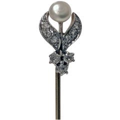 1910s Natural Pearl Diamond Platinum Stickpin