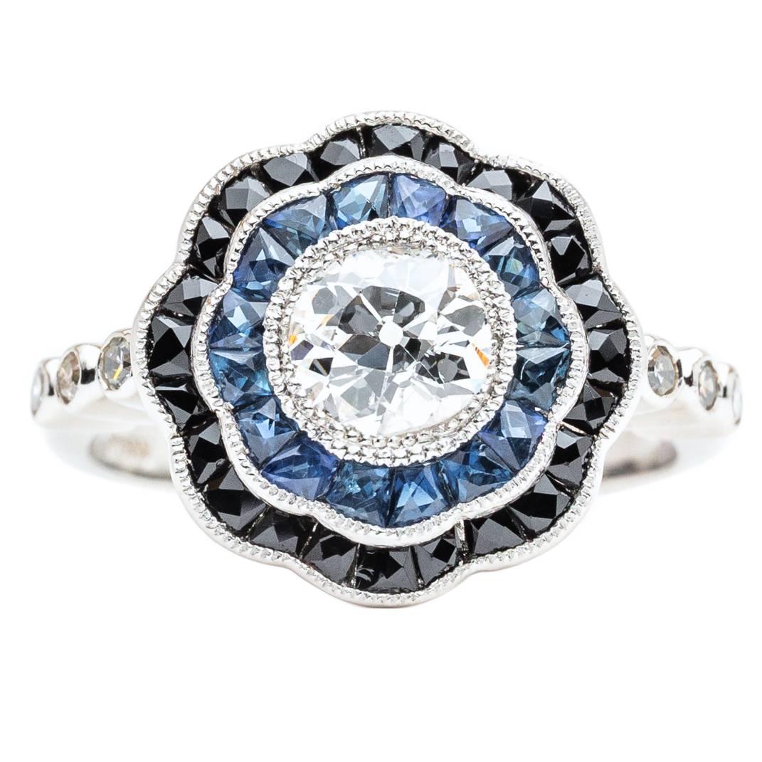 Dramatic Onyx Sapphire Diamond Platinum Engagement Ring For Sale