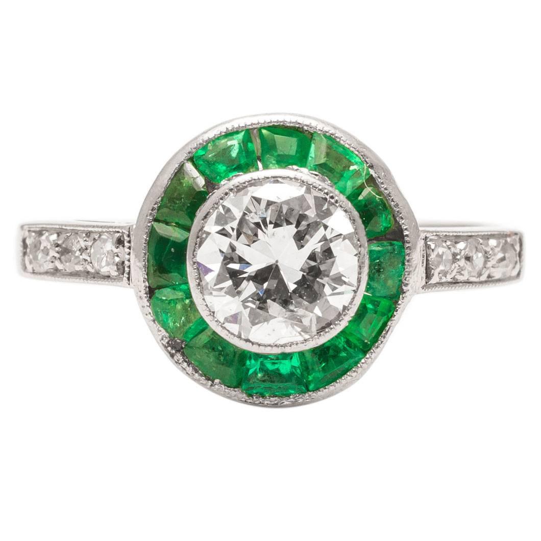 English 1.46 Carat Emerald Diamond Platinum Halo Ring 