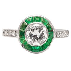 Antique English 1.46 Carat Emerald Diamond Platinum Halo Ring 