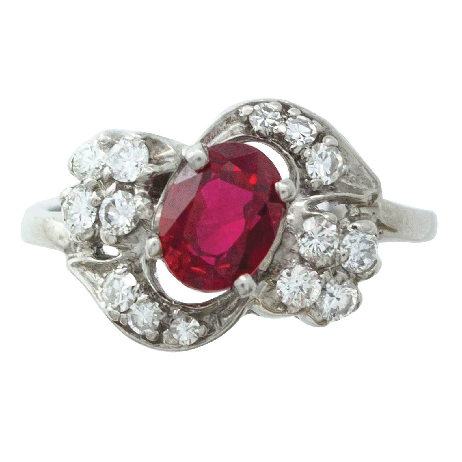 1.10 Carat Intense Red Ruby Diamond Palladium Ring For Sale