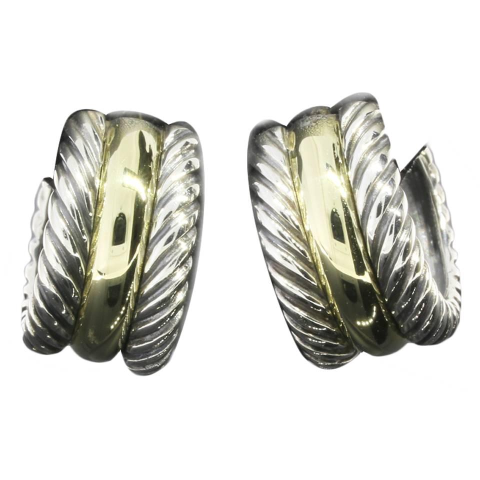 David Yurman Silver Gold Cable Classics Huggie Hoop Earrings