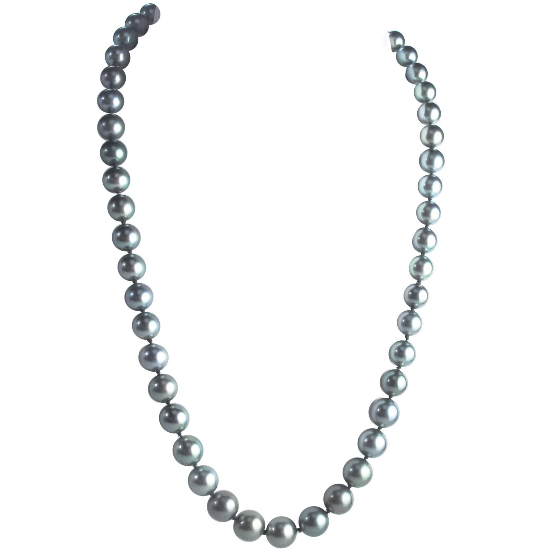 A beautiful strand of 51 well matched Silver-Black cultured Tahitian Pearls graduated very slightly (ranging in size from 8.5mm - 11mm), with a wearable length of 18 inches. 

Features a white Gold and Diamond set ball clasp. These pearls have a