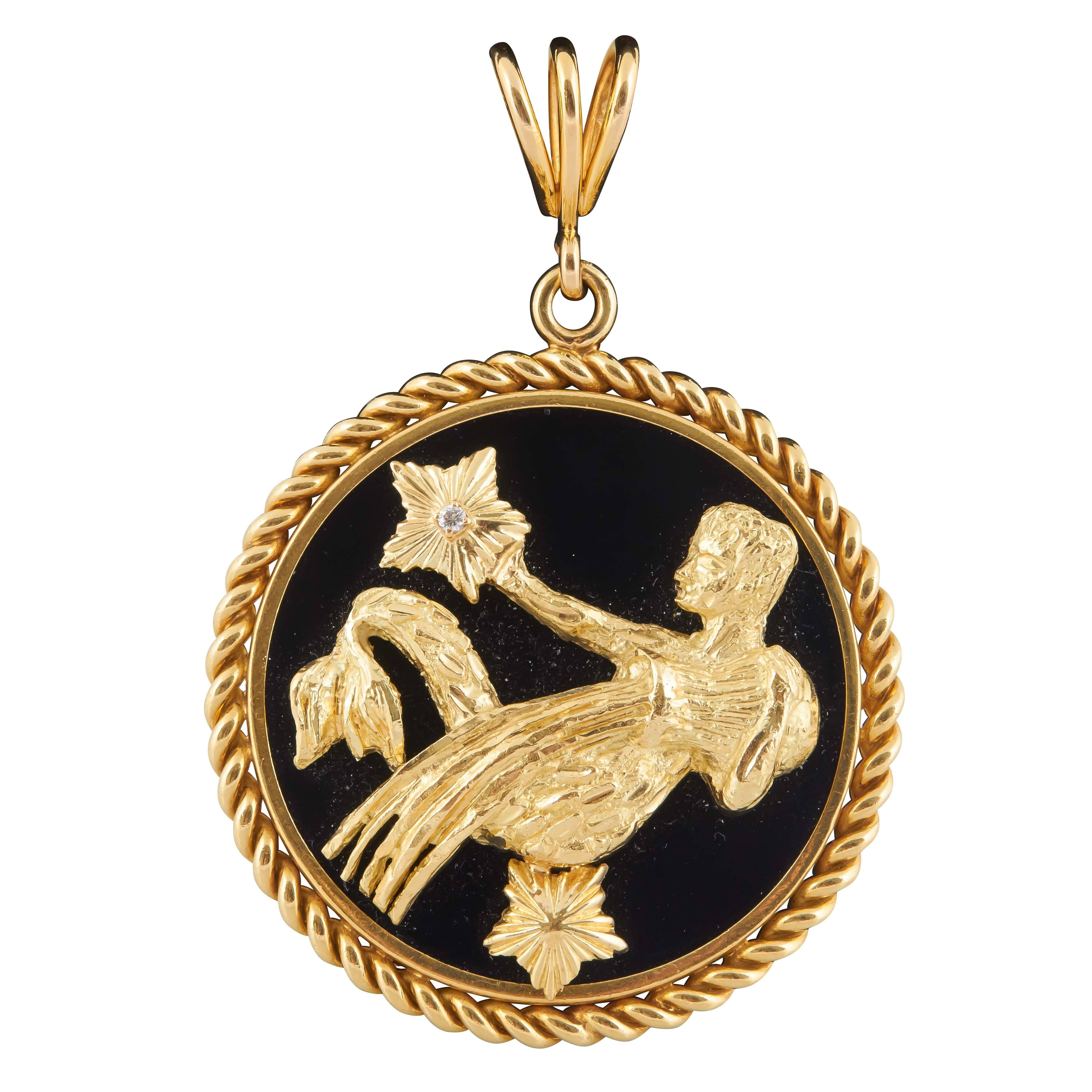 1970s Van Cleef & Arpels Onyx Diamond Gold Zodiak   Pendant