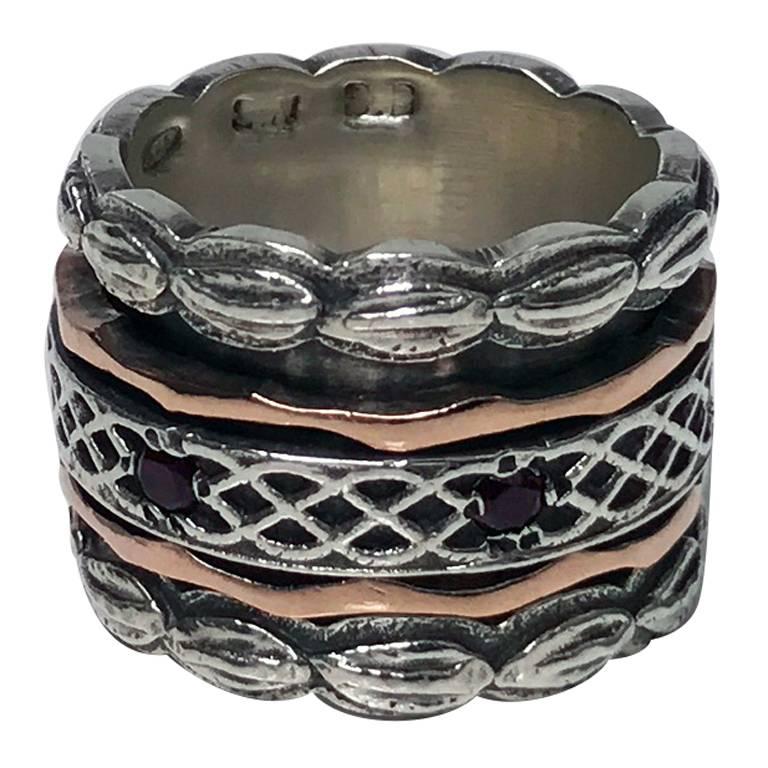 1940s Garnet Silver Gold Spinner Ring