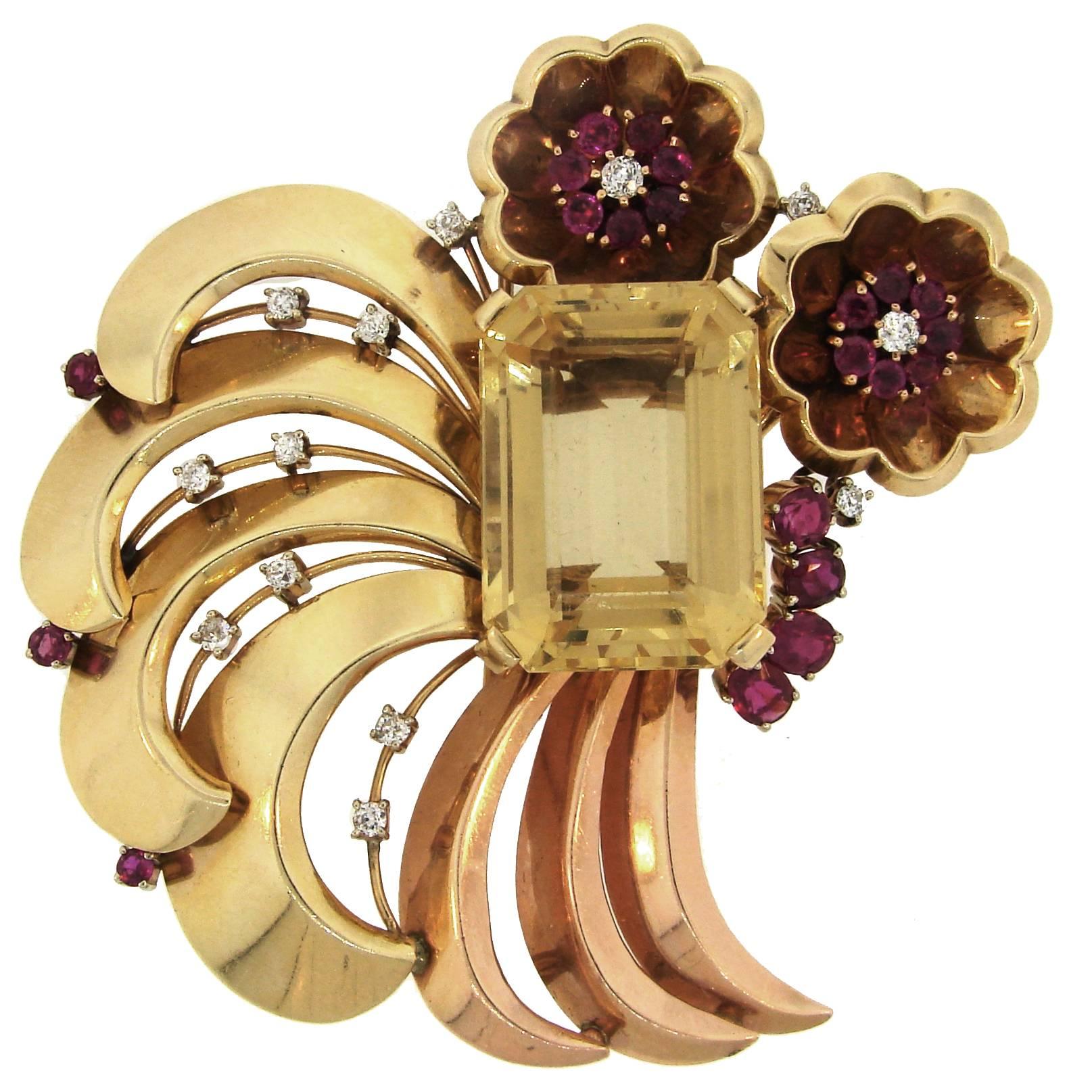 Paul Flato Citrin Rubin Diamant Gold Retro Clip Pin Brosche