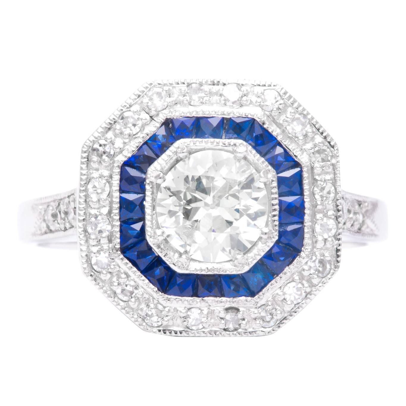 Double Halo 0.75 Carat Diamond French Cut Sapphire Platinum Ring  For Sale
