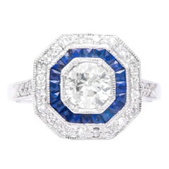 Vintage Double Halo 0.75 Carat Diamond French Cut Sapphire Platinum Ring 