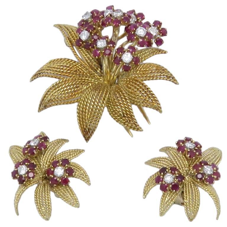 1950s J.Lacloche Diamonds and Ruby Gold  Earrings Brooch Set. For Sale