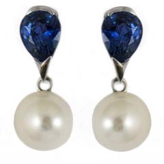 White Gold Sapphire and Pearl Earrings