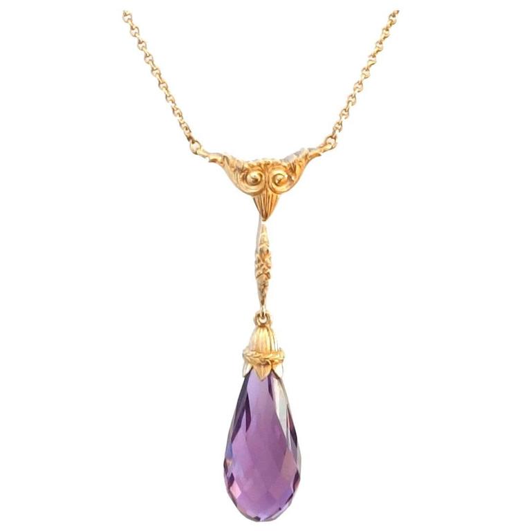 Antique Victorian Amethyst Gold Drop Necklace Lavaliere For Sale at 1stDibs