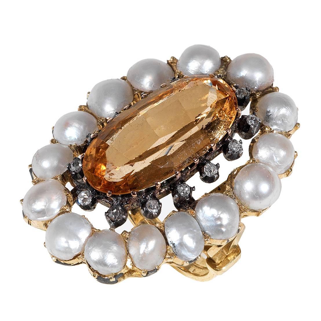 Antique Pearl Topaz Oval Faceted Diamond Gold Cluster Ring