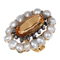 Antique Imperial Topaz Natural Pearl and Diamond Ring 1890's