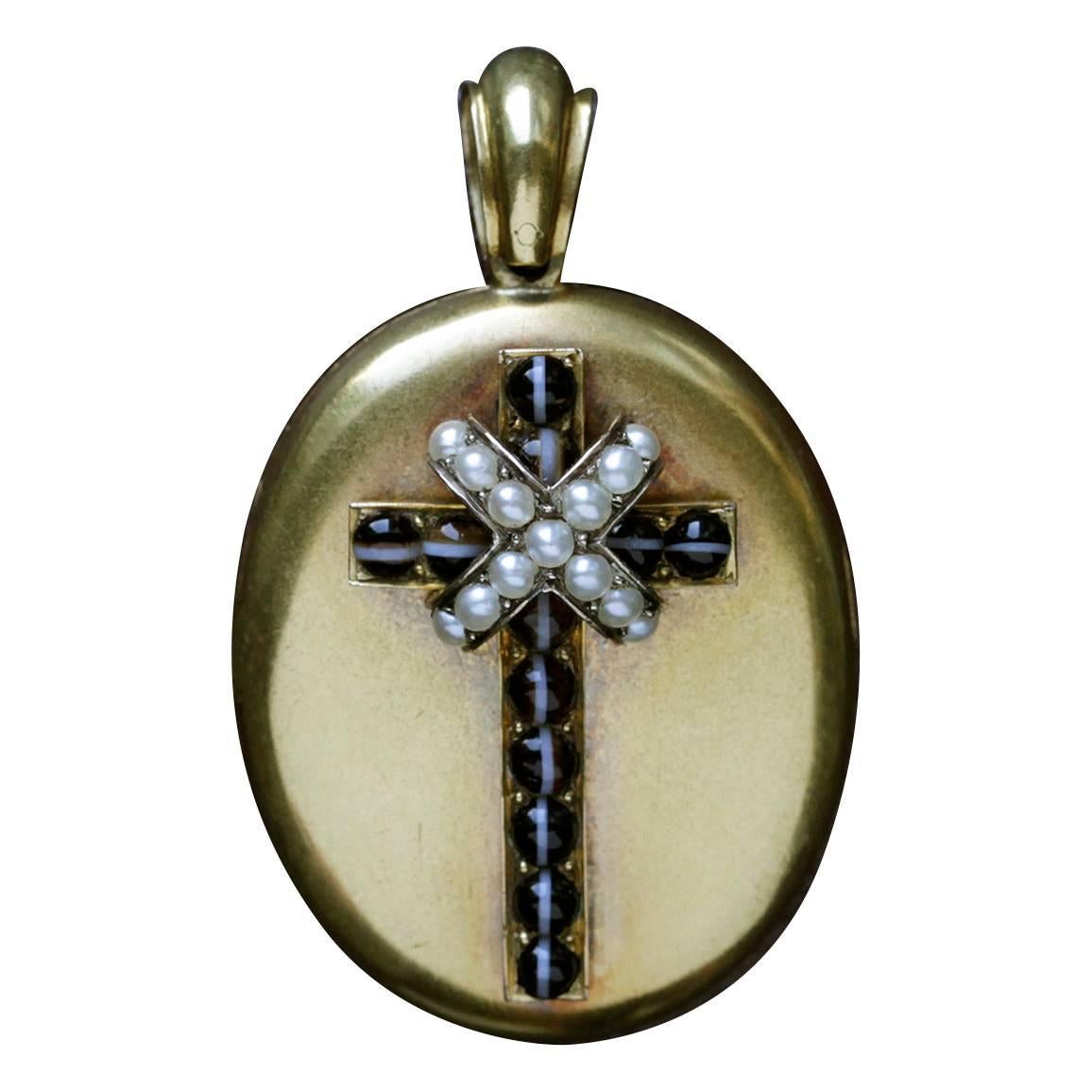Victorian Banded Agate and Pearl Cross Locket For Sale