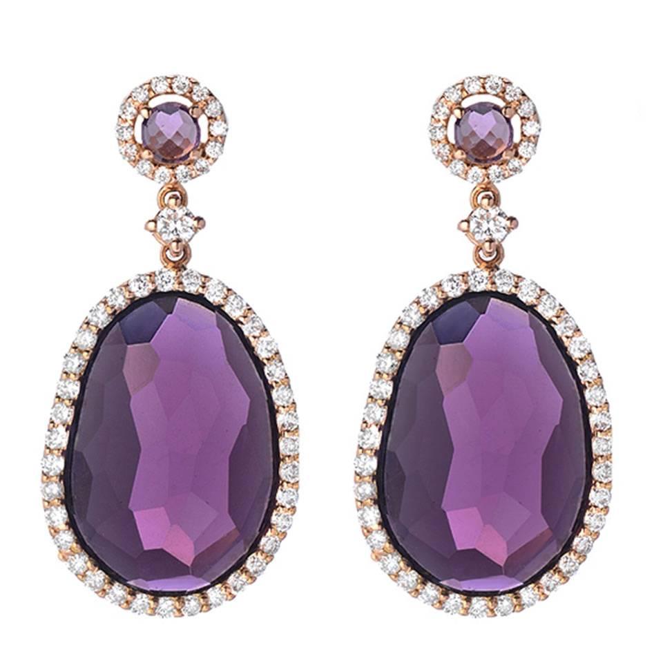 Amethyst White Diamond Halo Drop Earrings in Gold For Sale