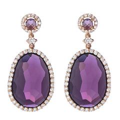 Amethyst White Diamond Halo Drop Earrings in Gold 6