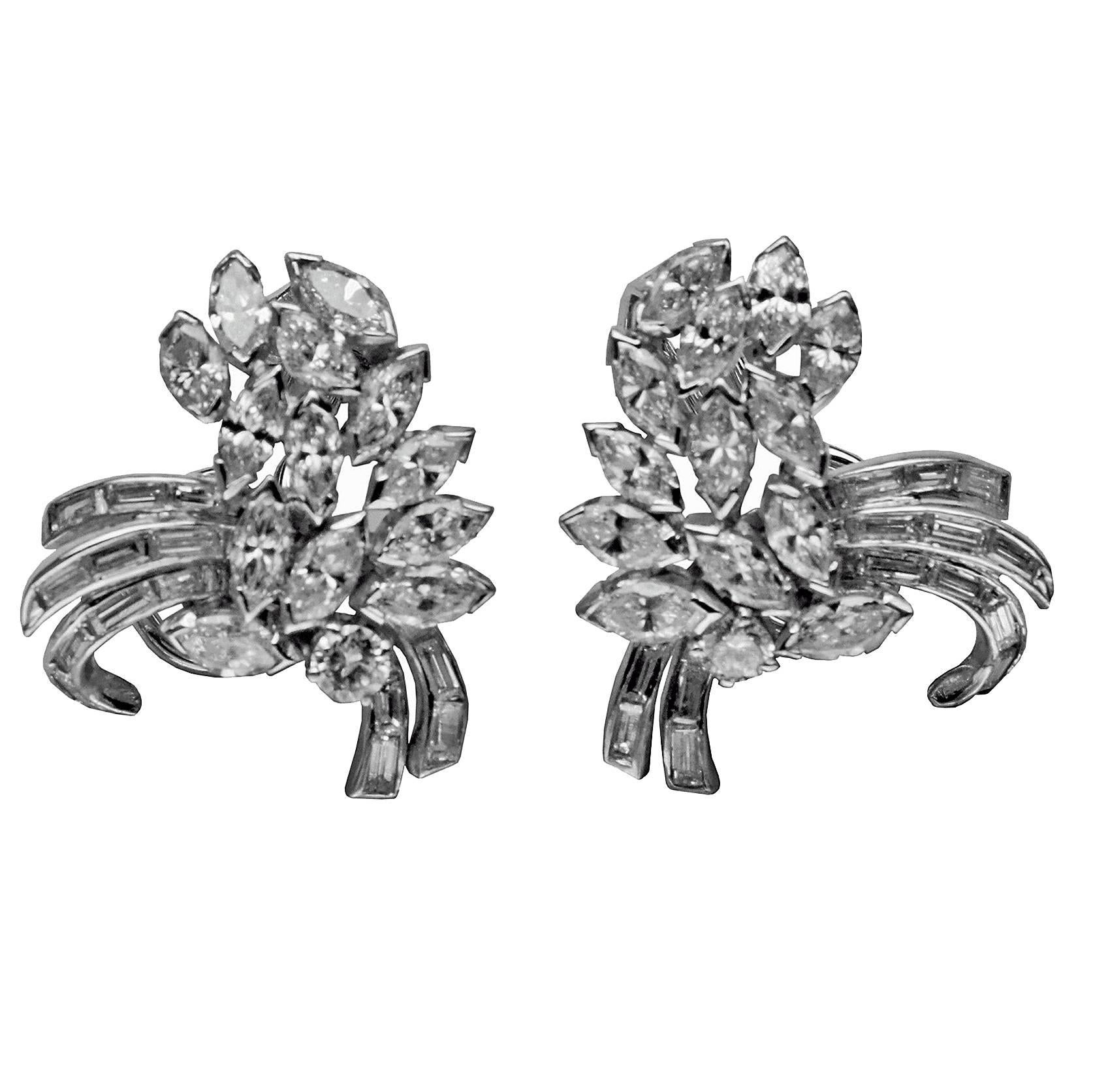 1950s Mid-Century Platinum Diamond Spray Earrings