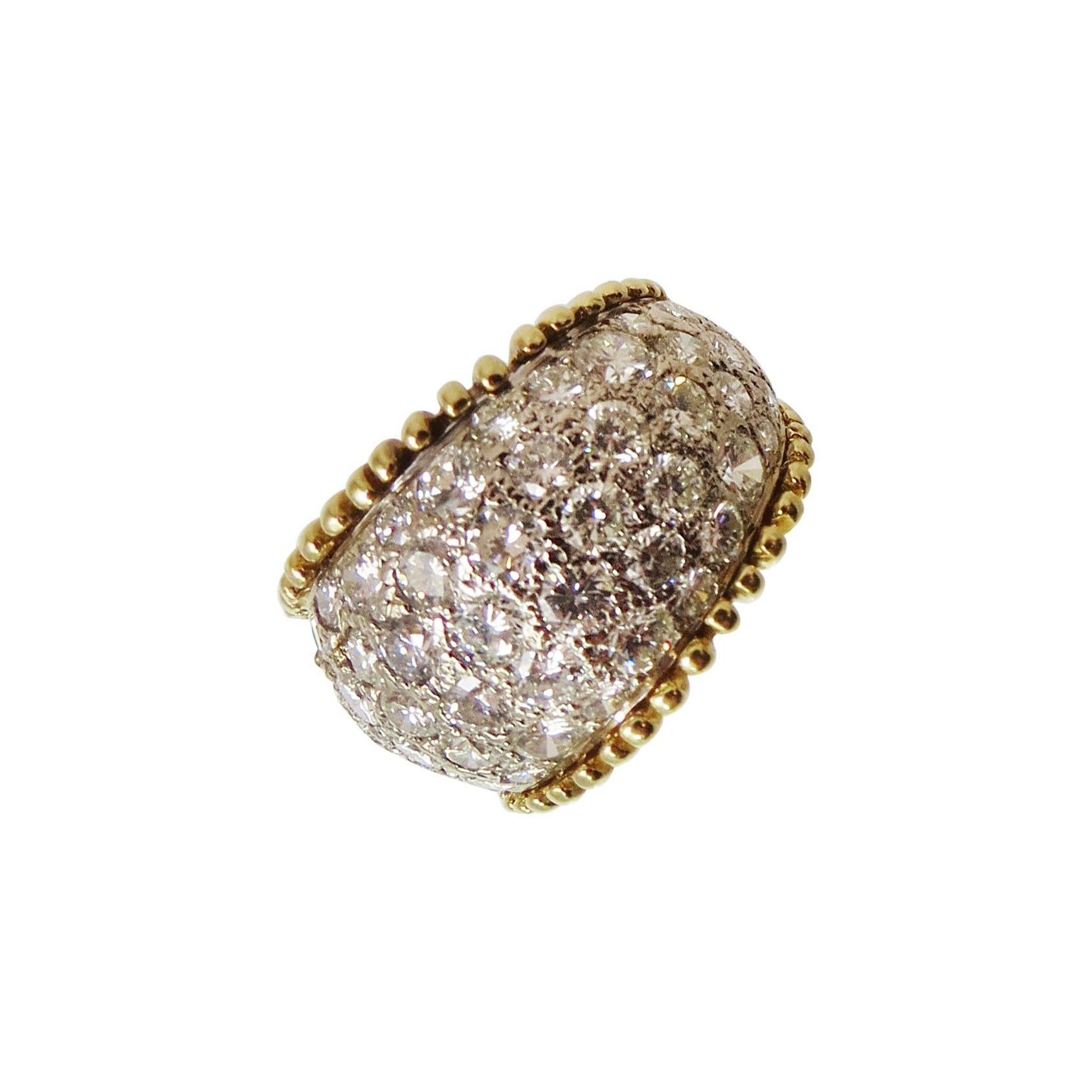 18K Yellow and White Gold Diamond Pave Band Ring with Beaded Edge