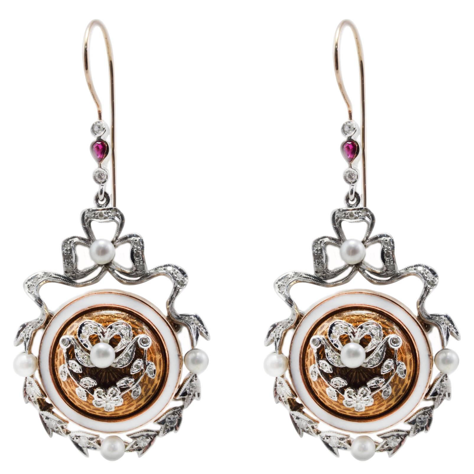 Emblem Diamond Ruby Pearl and White Gold Earrings