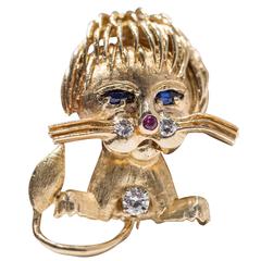 Vintage 1970s 14K Yellow Gold Baby Lion Pin with Natural Ruby and Natural Sapphires 