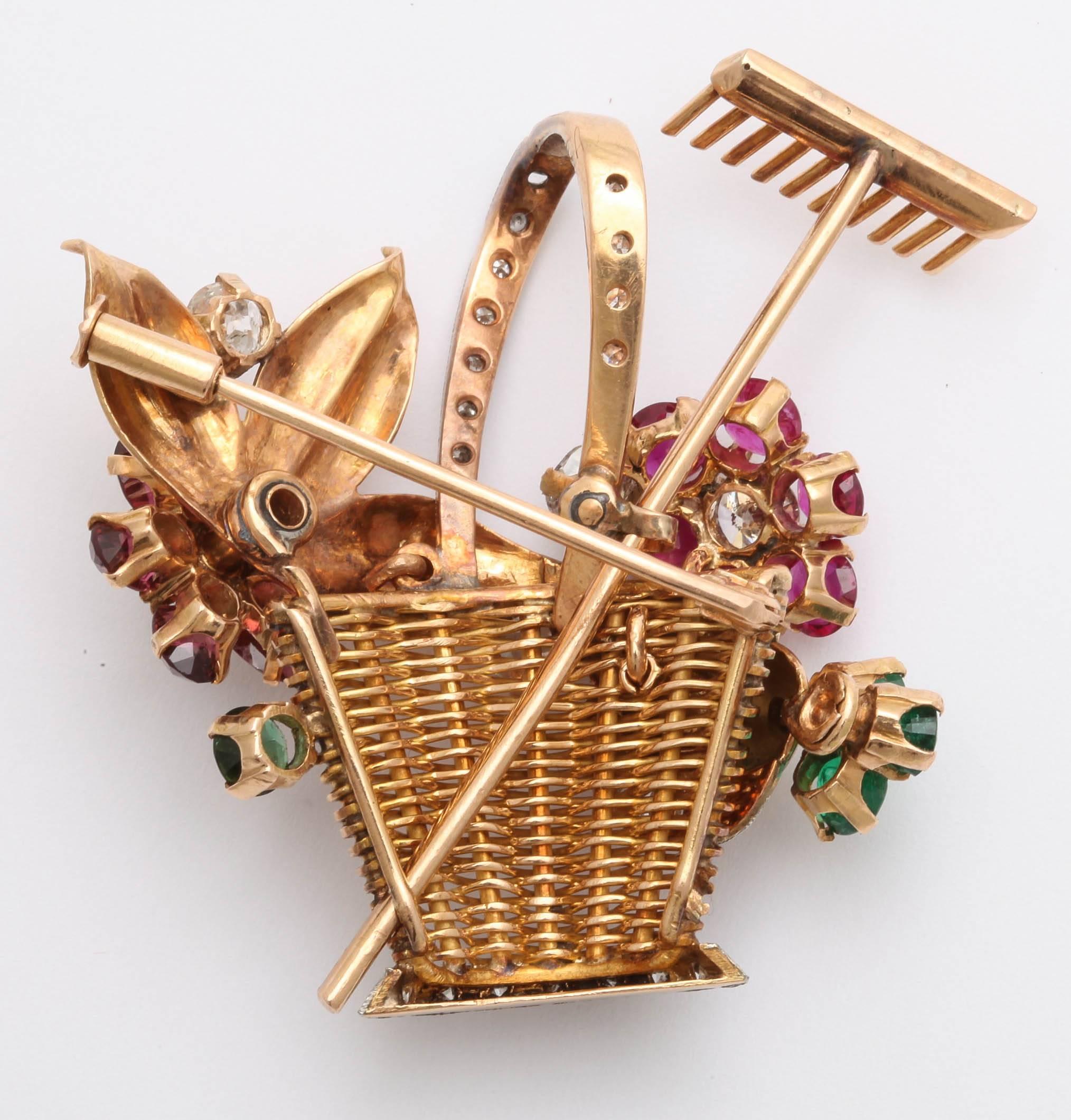 Women's 1950s Ruby, Emerald, Tourmaline and Diamond 18k Gold Flower Basket Pin/Pendant For Sale