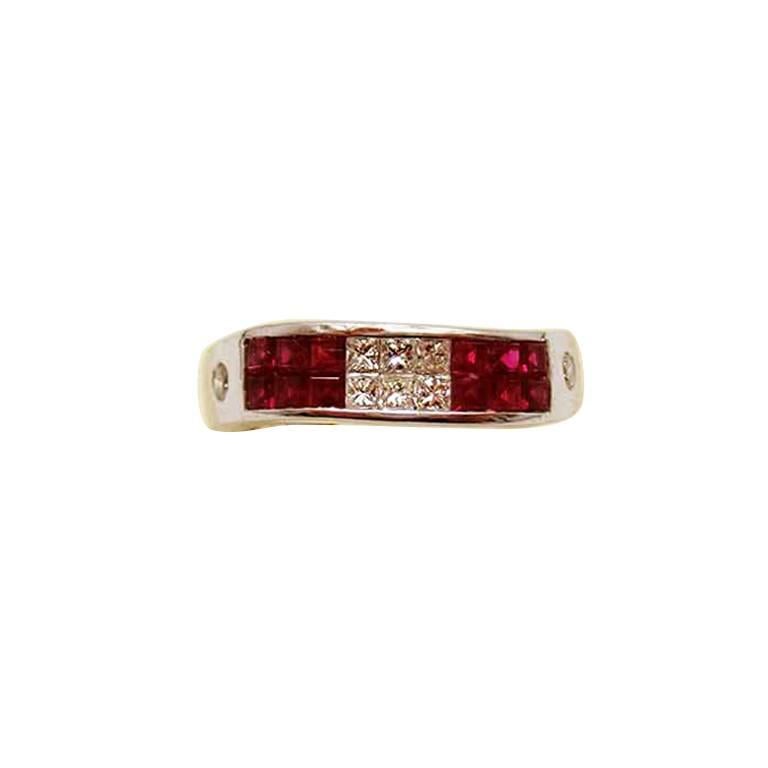 18K White gold invisible Ruby and Princess Diamond Ring