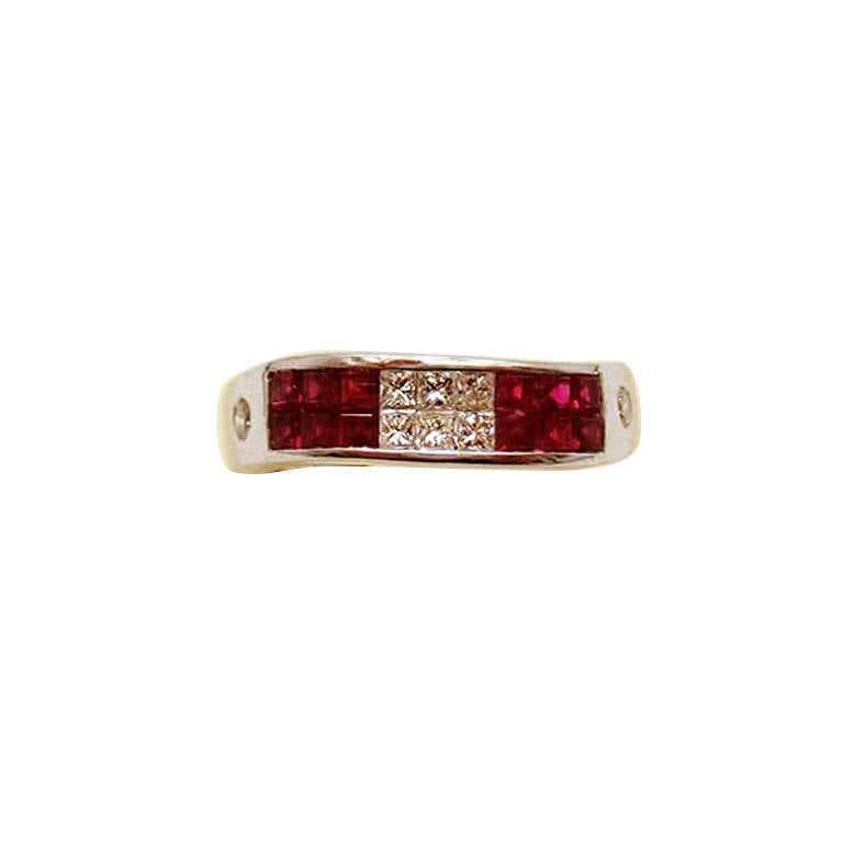 18K White gold invisible Ruby and Princess Diamond Ring For Sale at ...