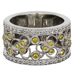 Fancy Canary Yellow and White Diamond Gold Open Filigree Wide Band Ring