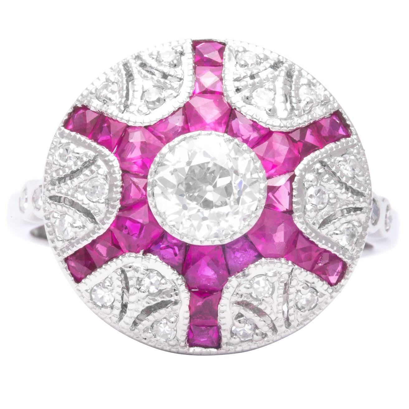 Vivacious 0.65 Carat Ruby Diamond Platinum Ring For Sale