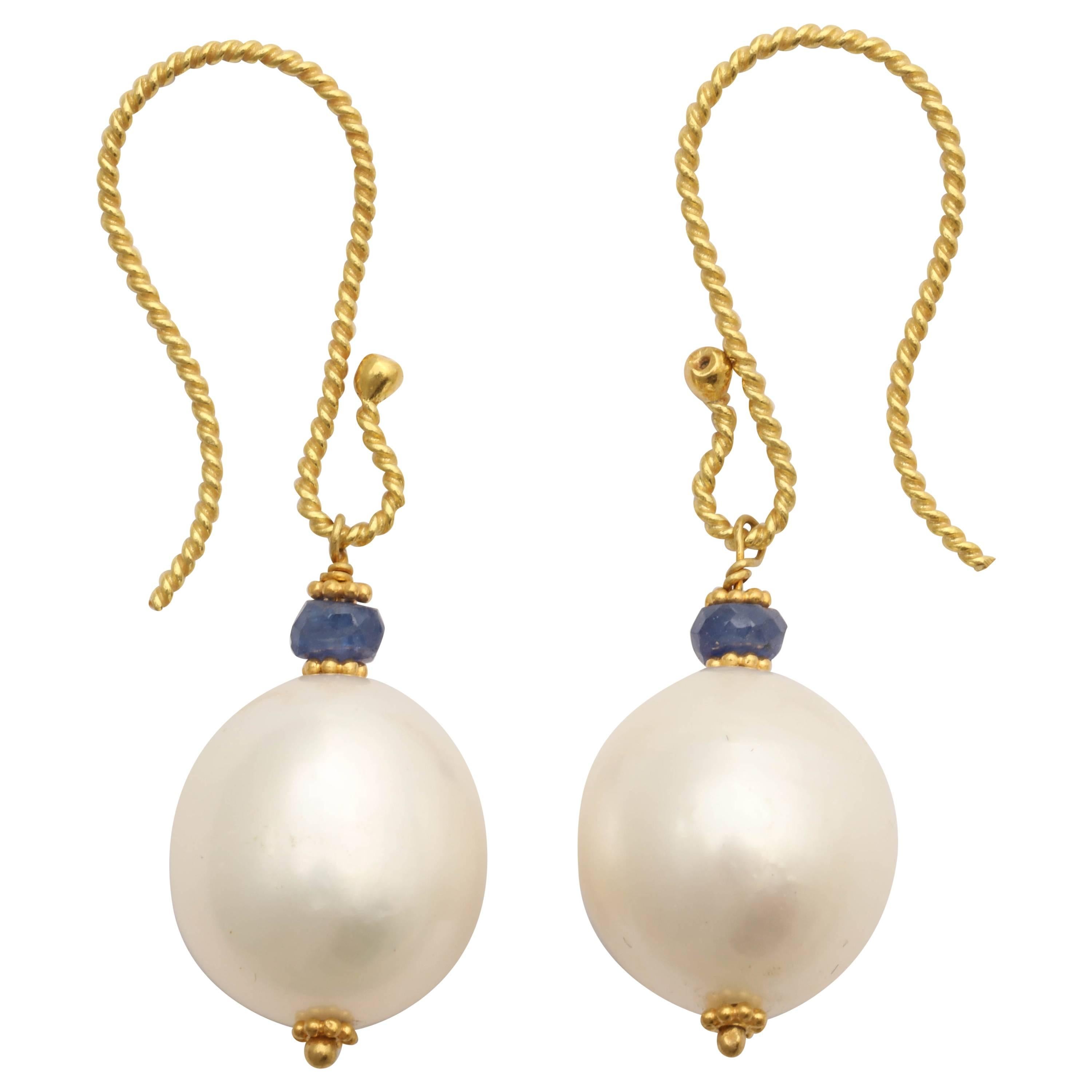 Graceful Pearl and Sapphire Earrings For Sale