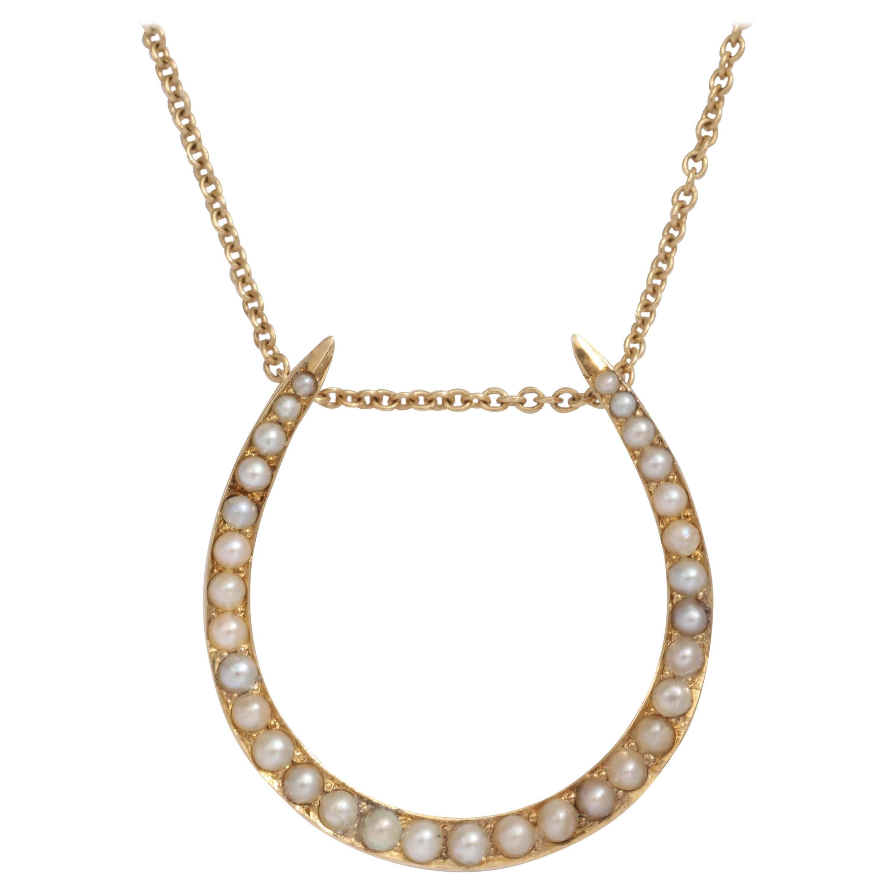 Antique Pearl and Gold Horseshoe Pendant For Sale
