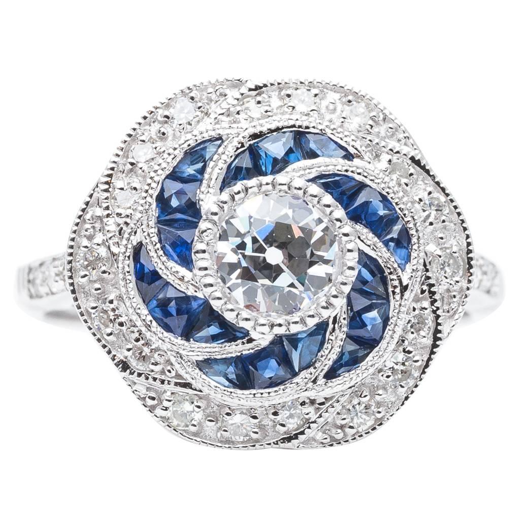 Fantastic Floral Motif 1.76 Carat Diamond & Sapphire Engagement Ring