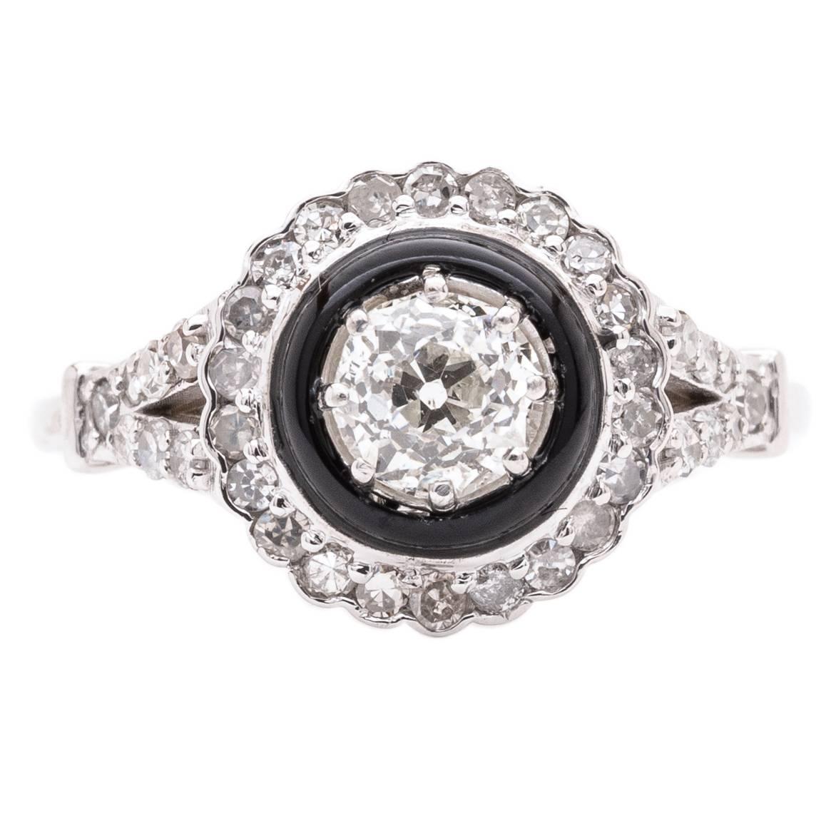 Dramatic 0.56 Carat Onyx and Diamond Engagement Ring For Sale