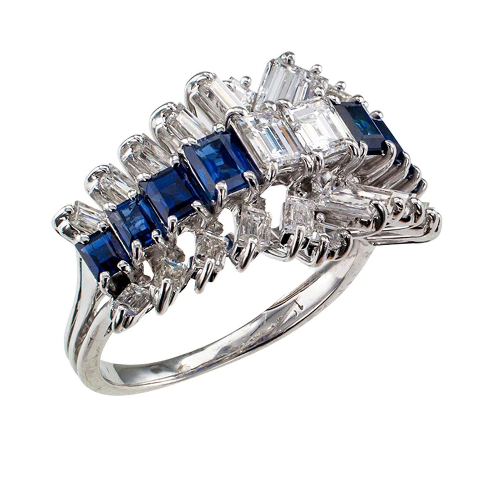Baguette Cut Emerald-cut Diamond and Sapphire Ring
