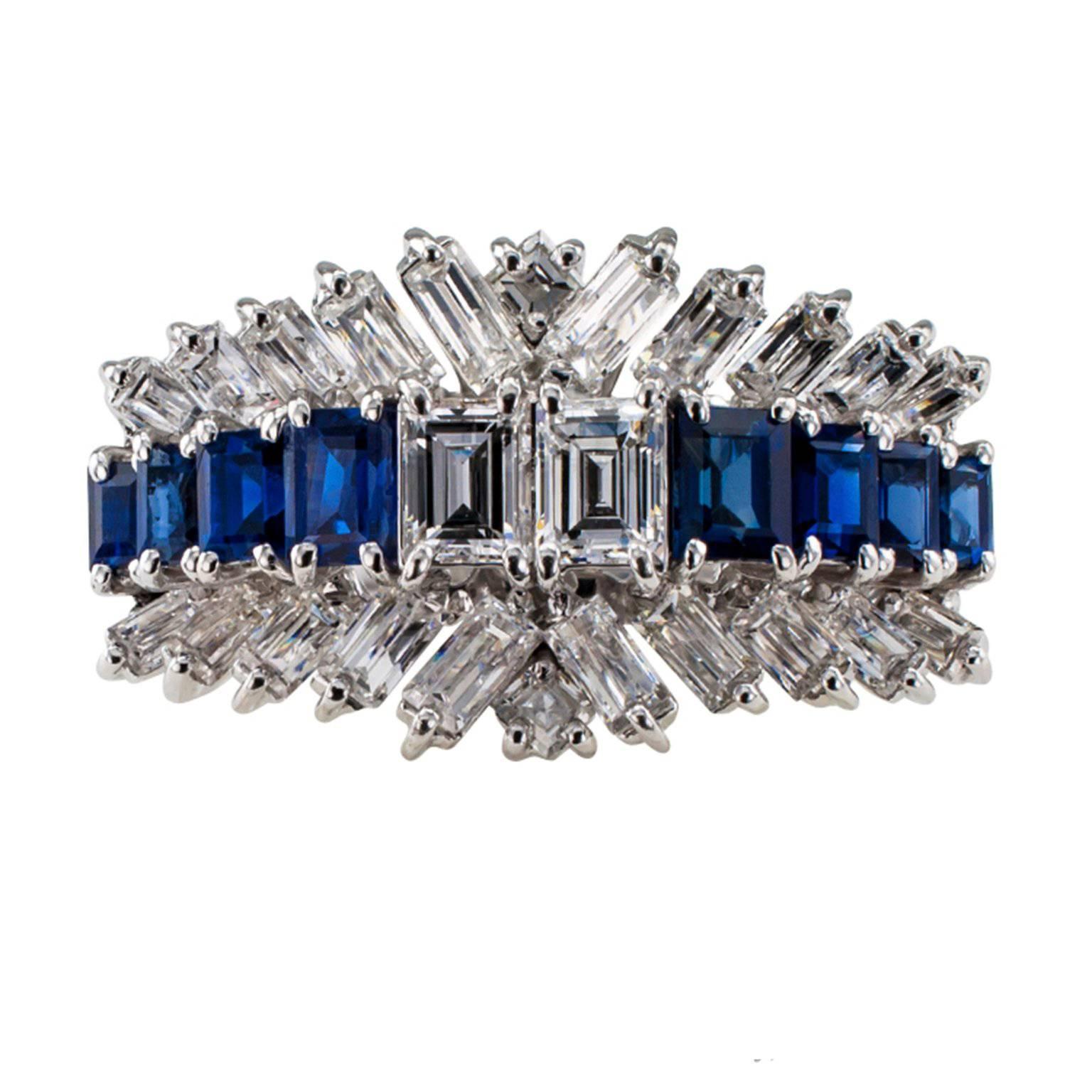 Contemporary Emerald-cut Diamond and Sapphire Ring