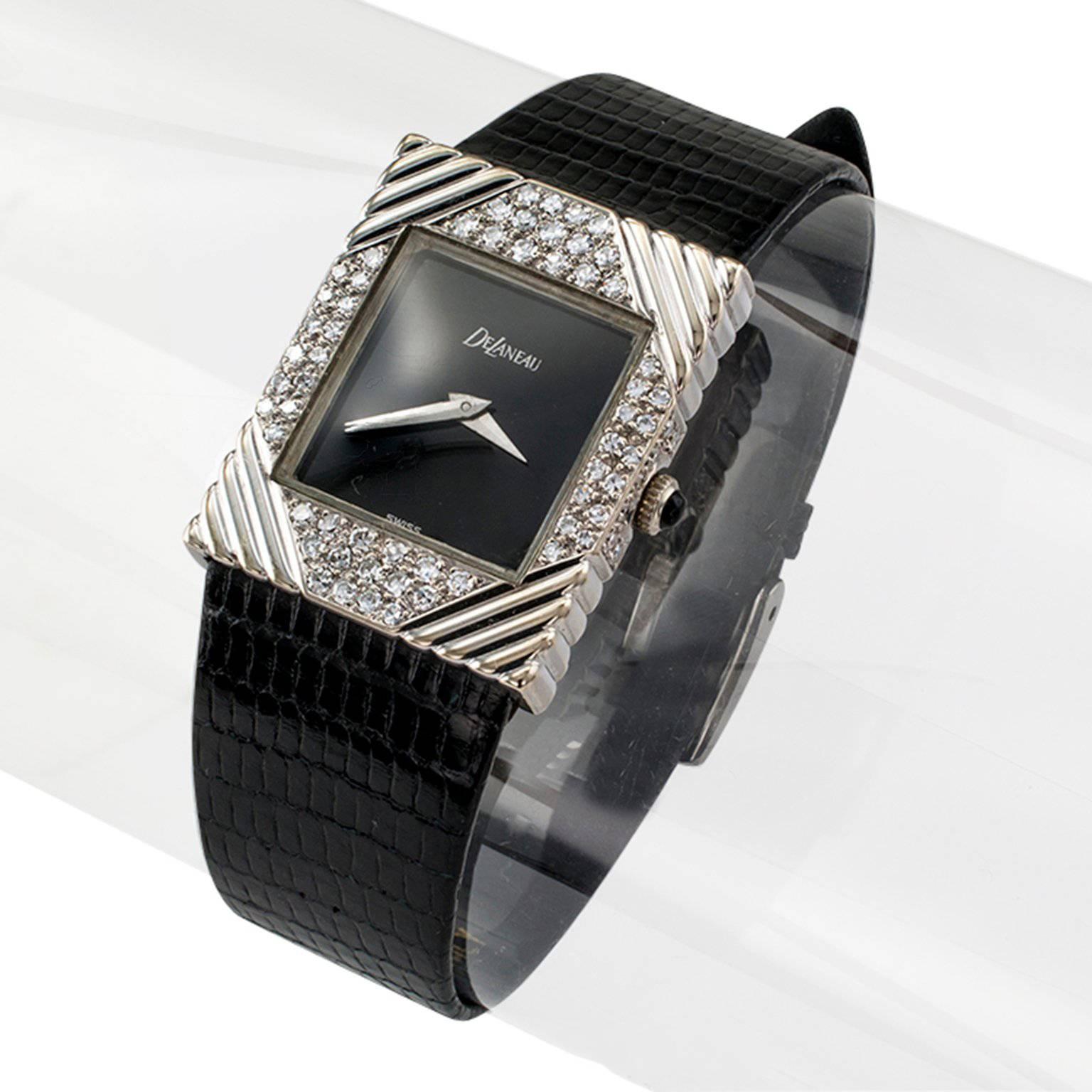 1970s DeLaneau White Gold Diamond Tuxedo Wristwatch In Good Condition In Los Angeles, CA