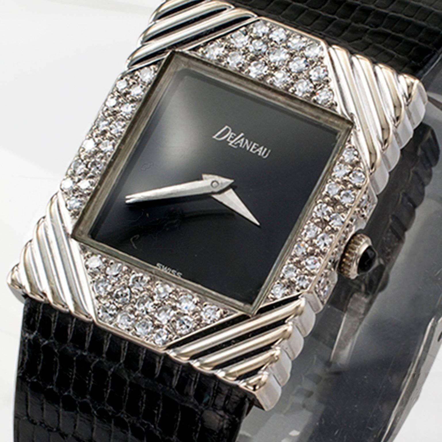 Modernist 1970s DeLaneau White Gold Diamond Tuxedo Wristwatch