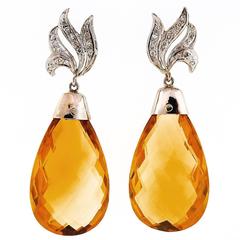 55.00 Carat Yellow Citrine Briolette Diamond White Gold Dangle Earrings 5