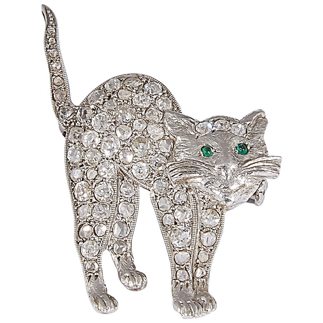 1920's Old Cut Diamonds With Cabochon Emeralds Figural Cat Platinum Brooch