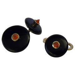 Carnelian Cabochon and Onyx cufflinks and studs set 18kt yellow gold 11