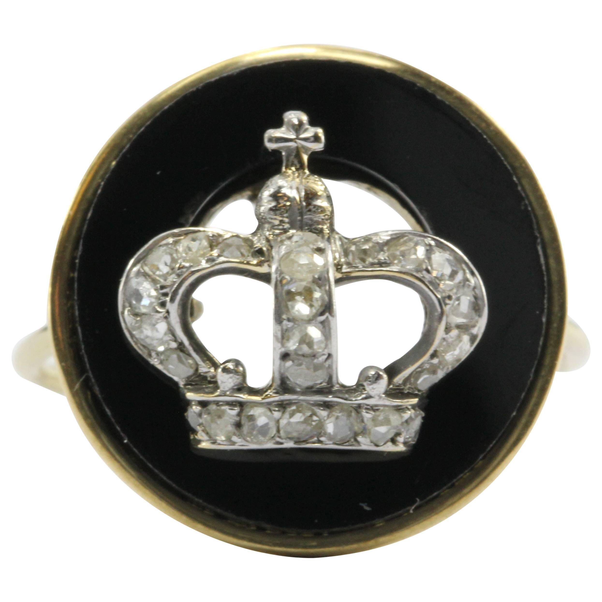 Victorian 18K Rose Cut Diamond and Onyx Royal Crown Signet Conversion Ring