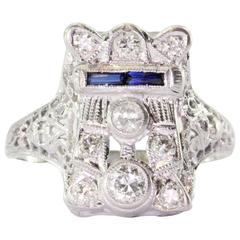 Art Deco 14K White Gold Belais Diamond and Sapphire Ring